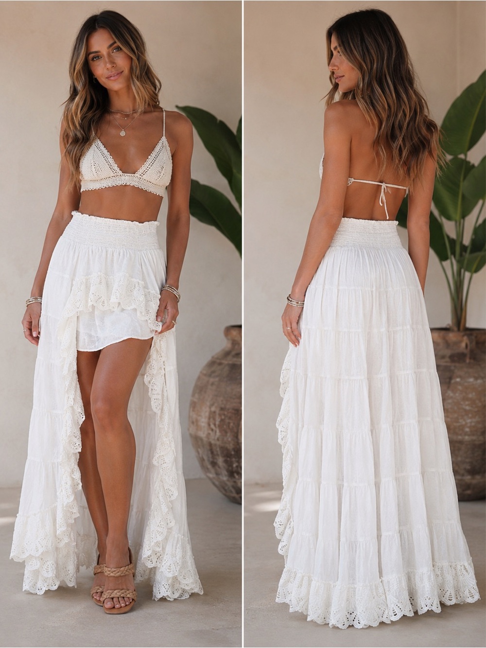 Solitaire High Low Ruffle Cottagecore Tiered Romantic White Peasant Maxi Skirt L - Picture 1 of 9